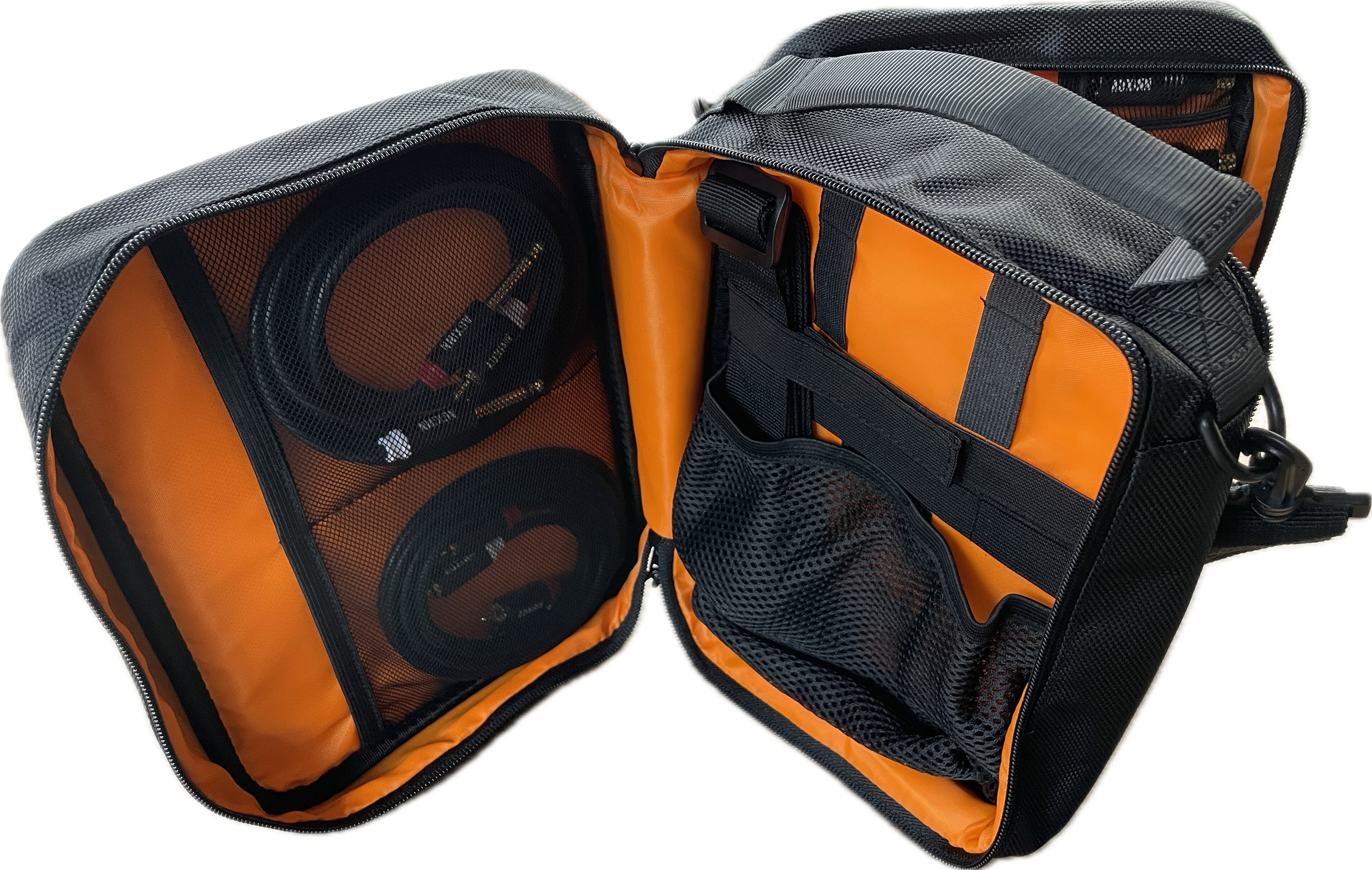 Auxinn Performer Edition bag opened to show the full kit of adapters, cables, and connectors